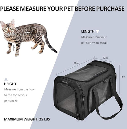 Henkelion Large Soft Sided Cat and Pet Carrier for Cats and Puppies up to 25Lbs - Collapsible, Waterproof Travel Carrier - Black - PAWPICO