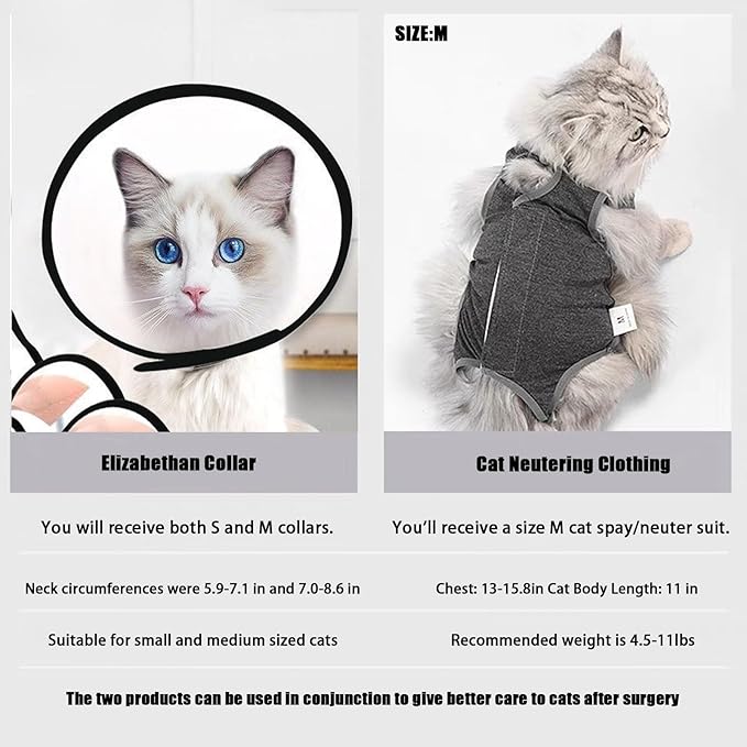 Cat Recovery Collar，Waterproof Anti-bite and Anti-Lick Wound Healing Safe Adjustable Elizabethan Collar，Cat Surgery Recovery Suit Cat Onesie for Cats After Surgery (Black, M) PAWPICO