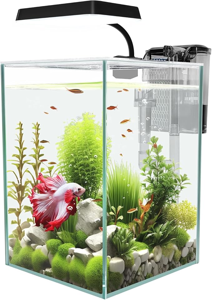 Ultra White Glass Betta Aquarium Starter Kits 1.5 Gallon Small Fish Tank, Betta Fish Tank with LED Light, Power Filter, 4mm Glass iPriro