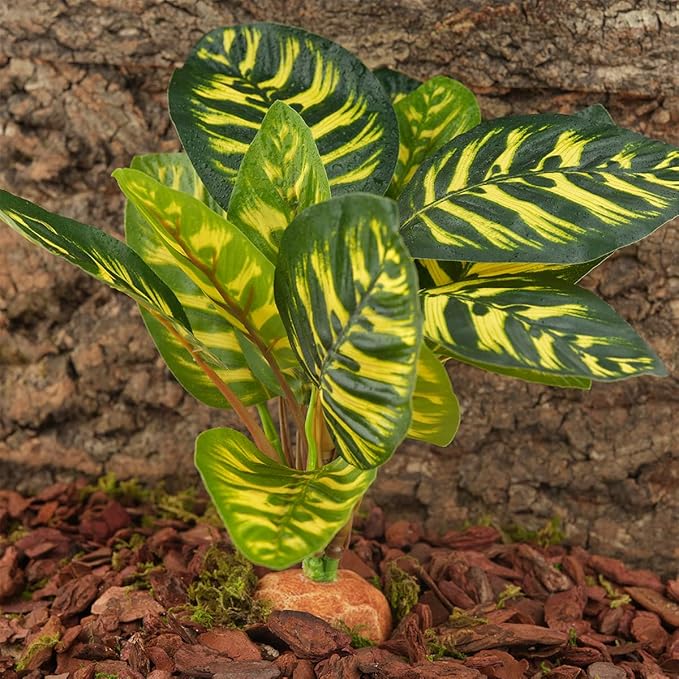Reptile Terrarium Decor Plants, Bearded Dragon Tank Accessories fit Crested Gecko Leopard Lizard Chameleon Ball Python Snake Frog - Yellow Fake Prayer Peacock Plants WOLEDOE