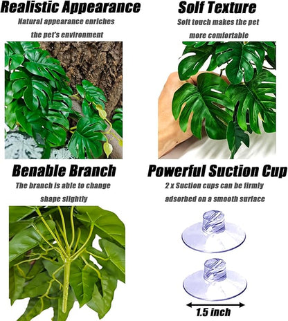 Woyrise Reptile Plants for Terrarium, Artificial Hanging Plants with Suction Cups, Amphibian Tank Habitat Decor Plastic Plant for Bearded Dragons Lizards Snake Geckos Frogs - 2Pack Fake Monstera Woyrise