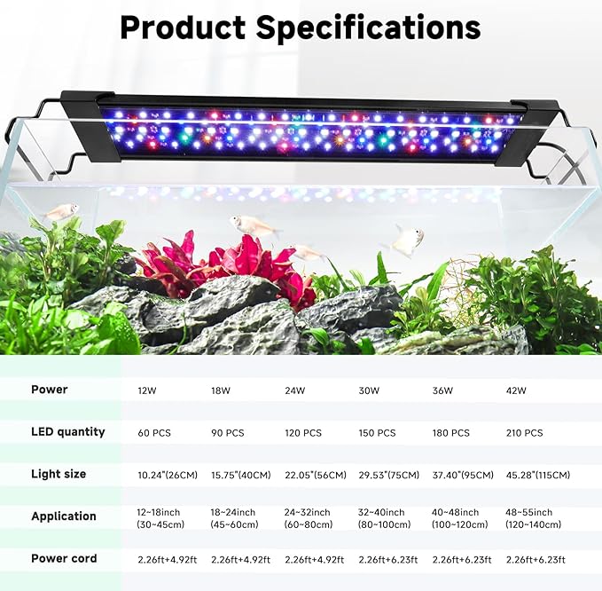 AQQA LED Aquarium Light, 24/7 Mode IP68 Waterproof Extendable Bracket Fish Tank Light, DIY Mode Full Spectrum Aquarium Plant Light, Adjustable Timer/Brightness Memory Function for 40-48 Inch Fish Tank AQQA