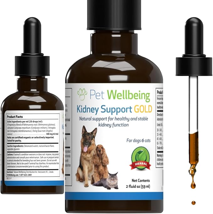 Pet Wellbeing Kidney Support Gold for Cats - Supports Healthy Kidney Function, Fluid Balance, Energy Levels, Rehmannia, Dong Quai - Veterinarian-Formulated Herbal Supplement 2 oz (59 ml) PetWellbeing