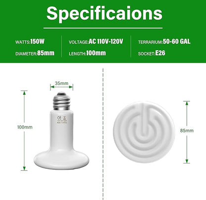HealSmart Reptile Heat Lamp 150W Ceramic Heat Emitter, No Light Emitting Heat Bulbs for Amphibian Pet Brooder Coop Incubating Chicken, Lizard Bearded Dragon Turtle Snake Terrarium White HealSmart