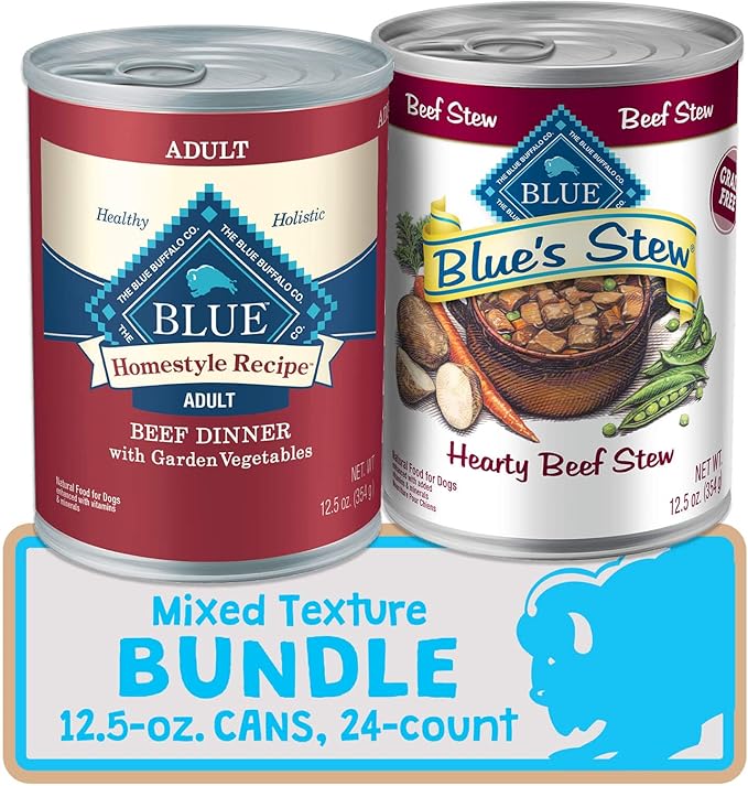 Blue Buffalo Homestyle Recipe Natural Adult Wet Dog Food, Mixed Textures Beef 12.5-oz Cans (24 Count- 12 of Each Flavor) - PAWPICO
