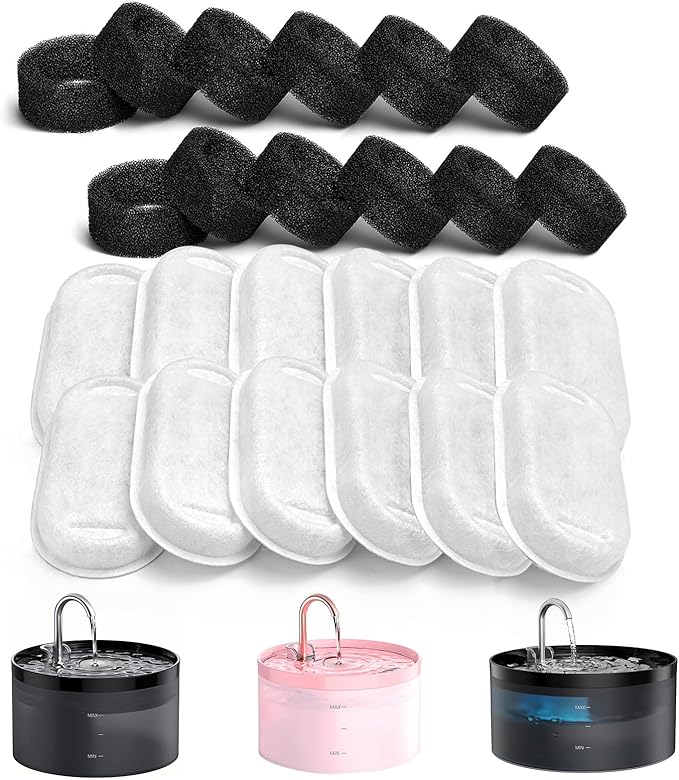 Pet Water Fountain Filter: 24 Cat Filters - 12 Pieces Filters + 12 Pieces Sponges for Cat Fountain - Cat Water Fountain Filter Replacement for Cat Water Fountain H1 (67oz/2L) - PAWPICO