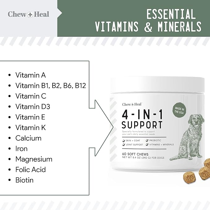 Chew + Heal All in 1 Dog Vitamin, 2PK - 240 Soft Chew Treats - Chewable Multivitamin with Probiotics, Digestive Enzymes, for Skin and Coat, Hip and Joint Support - Made in The USA ChewHeal