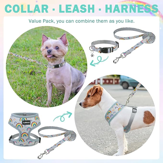 SCENEREAL Small Dog Harness Collar and Leash Set, Adjustable No Pull Pet Harnesses, No Chock Soft Mesh Step in Vest for Doggie Puppy Medium Dogs Cats Girl or Boy,Chihuahua, Yorkie, Outdoor Walking SCENEREAL