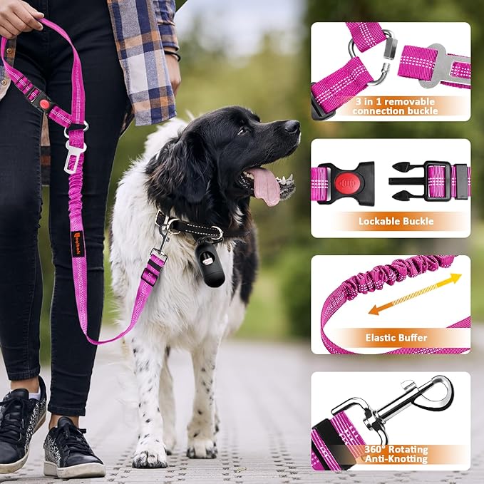 Removable Dog Seat Belt Harness for Car, 3 in 1 Pet Dog Car Seatbelt Leash, Retractable Restraint Secures to Vehicle Headrest & Adjustable Reflective Bungee Dog Seatbelt Tether, Rose laqibakProductcollection