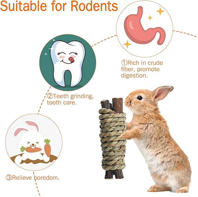 Fhiny 12 PCS Guinea Pigs Chew Toys, Natural Apple Branch Seagrass Molar Sticks for Teeth Bunny Chew Toys Cage Accessories for Guinea Pigs Rabbit Bunny Hamster Chinchilla Fhiny