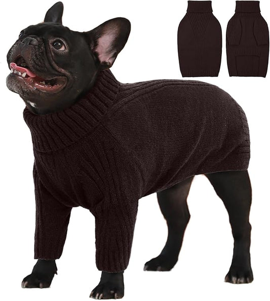IECOii Large Dog Sweater,Pet Dog Sweaters for Large Dogs Boy,Thanksgiving Fall Doggie Sweatshirt,Turtleneck Thick Warm Girl Dog Sweater,Winter Knitwear Clothes for Corgi,French Bulldog(Brown,L) - PAWPICO