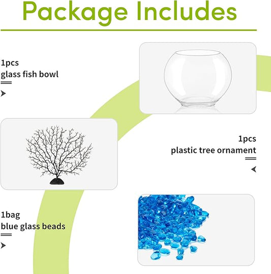 hygger Mini Glass Oblate Fish Bowl Kit, Small Fish Tank Comes with Blue Aquarium Decor Stones and Plastic Fan Branch Tree Ornament hygger