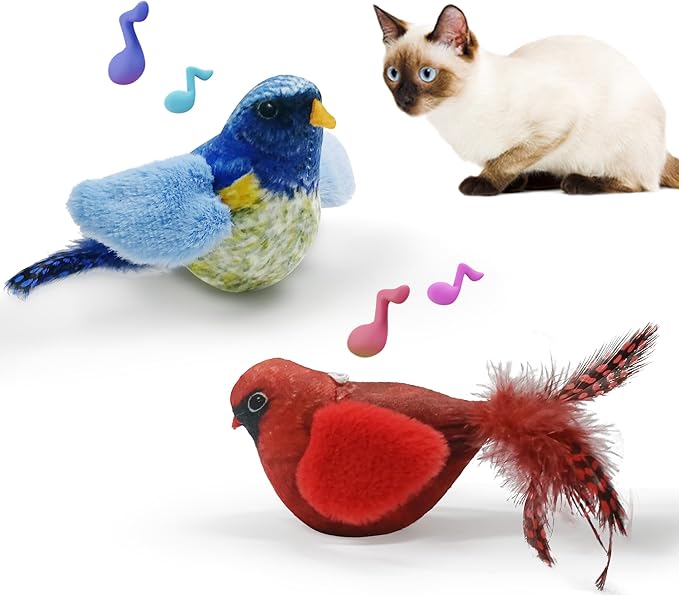 LEWISER Cat Toys Chirping Tit 2 Pcs with Catnip SilverVine, Suitable for Cat Wand Toys, Simulation Bird Design, Interactive Toys for Indoor Kitty Kitten Exercise, Red and Blue - PAWPICO