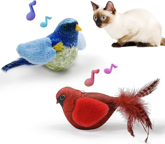 LEWISER Cat Toys Chirping Tit 2 Pcs with Catnip SilverVine, Suitable for Cat Wand Toys, Simulation Bird Design, Interactive Toys for Indoor Kitty Kitten Exercise, Red and Blue - PAWPICO