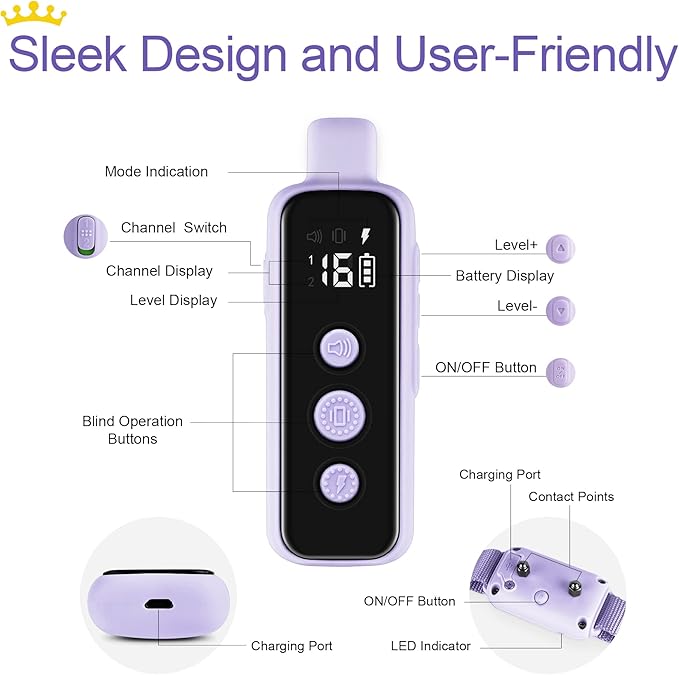 Bousnic Shock Collar for Dogs - Waterproof Rechargeable Dog Electric Training Collar with Remote for Small Medium Large Dogs with Beep, Vibration, Safe Shock Modes (8-120 Lbs) (Purple) - PAWPICO