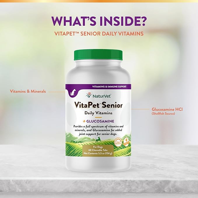 NaturVet –VitaPet Senior Daily Vitamins for Senior Dogs – Plus Glucosamine – Full Spectrum of Vitamins & Minerals – Enhanced with Glucosamine for Added Joint Support – 60 Time Release Tablets NaturVet