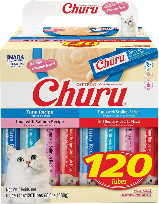 INABA Churu Cat Treats, Lickable, Squeezable Creamy Purée with Vitamin E, 0.5 Ounces per Tube, 120 Tubes Total, Tuna Variety INABA