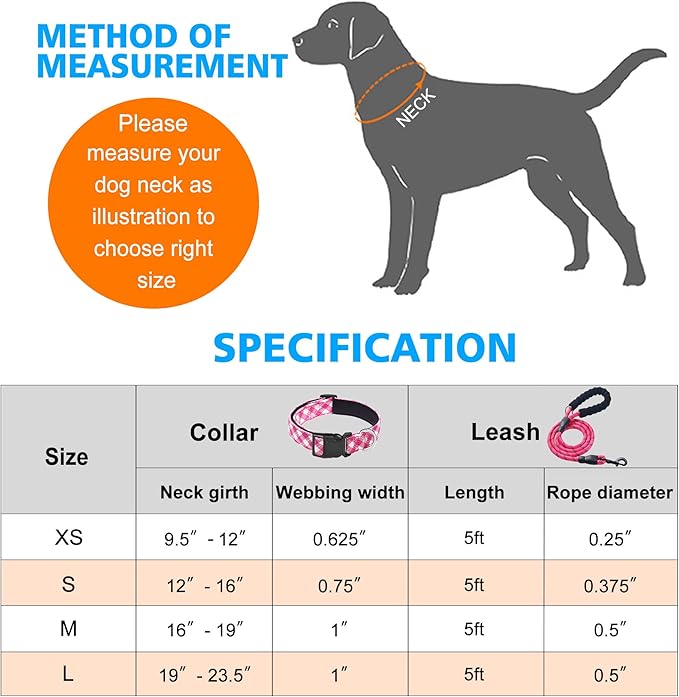Reflective Dog Collar Padded with Soft Neoprene Breathable Adjustable Nylon Dog Collars for Small Medium Large Dogs (Small (Pack of 1), Pink Plaid Collar+Leash) ladoogo