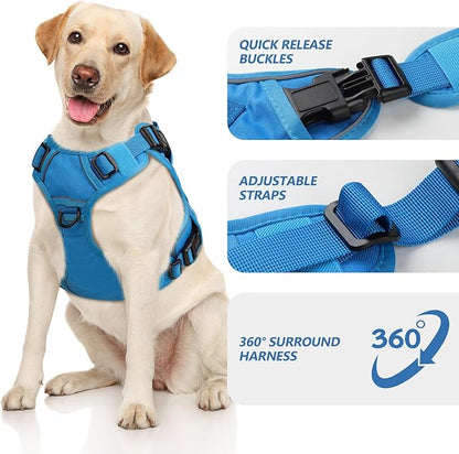 WINGOIN Blue Tactical Dog Harness for Large Dogs No Pull Adjustable Pet Harness with Handle Reflective K9 Military Service Dog Vest for Walking Hiking Training (XL) - PAWPICO