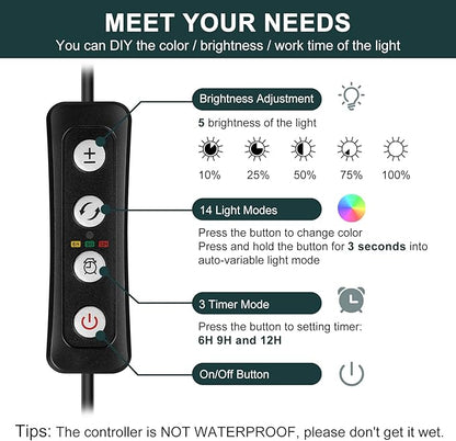 AQQA Aquarium Light with 14 Fish Tank Light Modes Adjustable Brightness Timer 15W LED Aquarium Light for Plants， Aluminum Alloy Shell Extendable Brackets Fit for 12-20 Inch Fish Tank AQQA