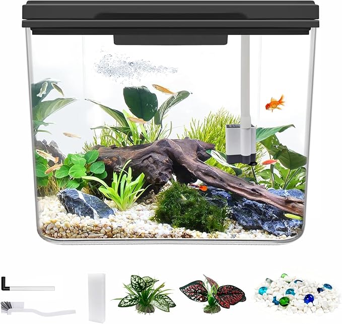 Small Fish Tank Kit 1.8 Gallon, Aquarium Starter Kit with Super-Quiet Water Pump, Dual Rain Filtration, Self Cleaning Function, Shatter-Resistant & Leak-Proof Base (Black) Moonorange