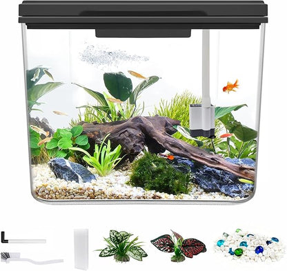 Small Fish Tank Kit 1.8 Gallon, Aquarium Starter Kit with Super-Quiet Water Pump, Dual Rain Filtration, Self Cleaning Function, Shatter-Resistant & Leak-Proof Base (Black) Moonorange
