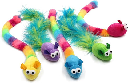 5 Pack Interactive Catnip and Feather Cat Toys, Multi-Colored Mice with Long Feather Tail, Accessories for Indoor Cat, Catnip Plush Toys with Natural Feathers and Rattles - PAWPICO