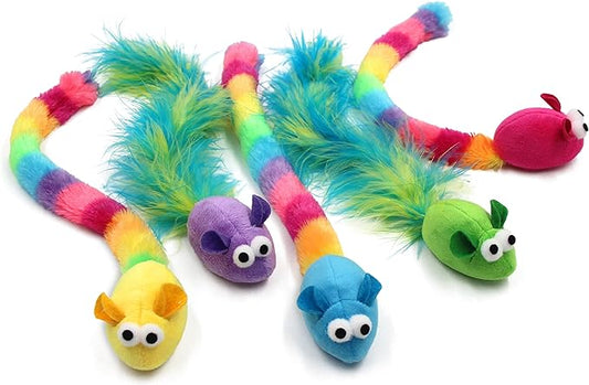 5 Pack Interactive Catnip and Feather Cat Toys, Multi-Colored Mice with Long Feather Tail, Accessories for Indoor Cat, Catnip Plush Toys with Natural Feathers and Rattles - PAWPICO