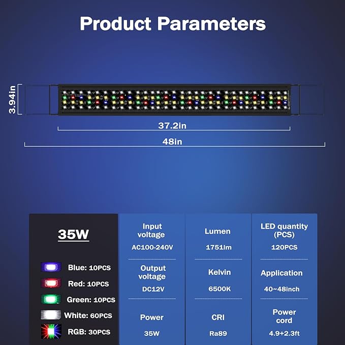 AQQA Aquarium Light,Remote Control Fish Tank Light,DIY Infinitely Adjustable Light Color,10 Light Brightnesses,2 Full Spectrum Lights,9 Dynamic Light Modes for Freshwater (35W for 40-48 inch Tank) AQQA
