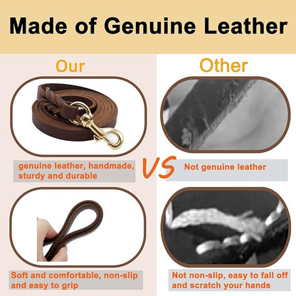 Leather Dog Leash 5ft for Small Dogs,Braided Leather Leash and Dog Collar Set,Strong Dog Training Leash,Soft Comfortable Dog Training Leather Leash and Dog Walking Leash for Small Dogs Brown KILISTEELS