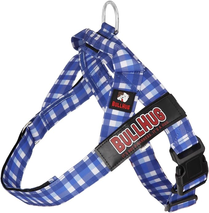 BULLHUG Harness – Made for Larger Chested Dogs Like English Bulldogs, French Bulldogs, Pugs & More. Stops Dogs from Pulling & Choking on Walks (BLUEWHITE Med) BULLHUG