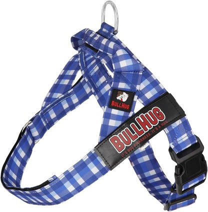 BULLHUG Harness – Made for Larger Chested Dogs Like English Bulldogs, French Bulldogs, Pugs & More. Stops Dogs from Pulling & Choking on Walks (BLUEWHITE Med) BULLHUG