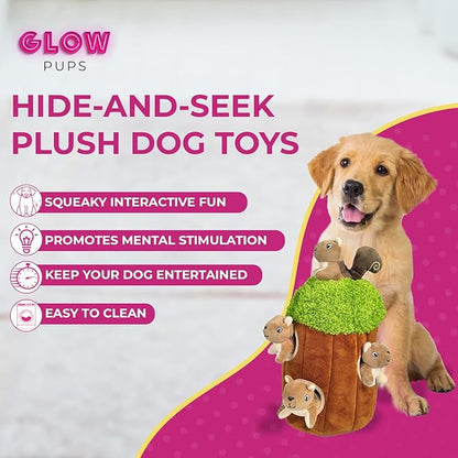 Squirrel in Tree Hide and Seek Dog Toy for Small and Medium Size Dogs, Plush Squirrel Inside Trunk Dog Toy with Squeaker, Interactive Burrow Dog Toy (Tree with Squirrels, Small) - PAWPICO