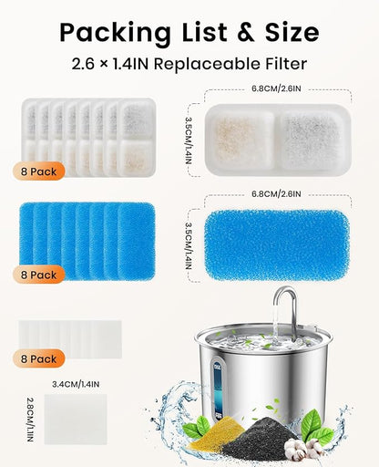 oneisall Cat Water Fountain Filters Replacement, 8 Pack Cat Fountain Filters for 67oz/2L Stainless Steel Cat Fountain Filters, Filters for Cat Water Fountain Easy to Install and Clean - PAWPICO