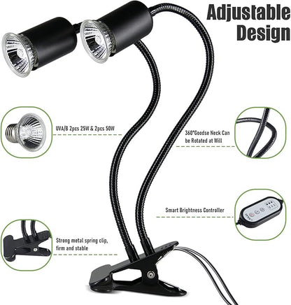 Reptile Heat Lamp, Double-Head Heat Lamp with Clamp, UVA UVB Reptile Light with Intelligent Cycle Timer for Turtle, Bearded Dragon, Lizard and More, 2 Bulbs 25W+50W TFNN