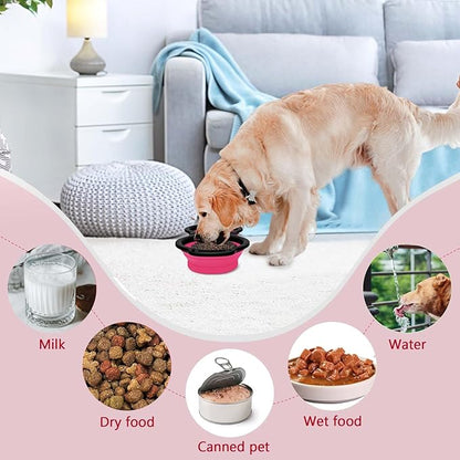 Collapsible Silicone Cat and Dog Travel Bowls,2 in 1 Foldable Pet Feeding and Watering Dish for Walking Camping Hiking with Carabiner (Rose Red) - PAWPICO