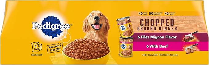 PEDIGREE CHOPPED GROUND DINNER Adult Canned Soft Wet Dog Food Variety Pack, Filet Mignon Flavor and With Beef, 13.2 oz. Cans (Pack of 12) - PAWPICO