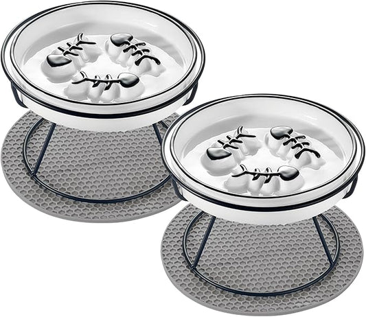 2PCS Slow Feeder Cat Bowl, Raised Cat Bowl Improved Design, Whisker-Fatigue-Free Cat Slow Feeder Bowl, Elevated Cat and Puppy Puzzle Feeder, Anti Vomit and Prevents Obesity, Slow Down Eating Speed - PAWPICO