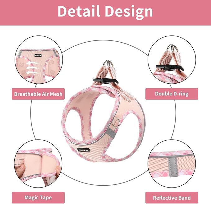 AMTOR Small Dog Harness with Leash Set, No Escape Easy Walk Puppy Harnesses for Training Walking, Step-in Reflective Soft Dogs Vest for XS S Medium Extra-Small Large Sized Dog(Pink,XL) AMTOR
