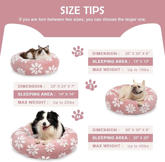 Donut Dog Beds for Medium Dogs, Calming Round Cat Beds for Indoor Cats, Cute 3D Textured Flower Pet Bed with Removable Washable Cover and Anti-Slip Bottom（Pink，30"） - PAWPICO