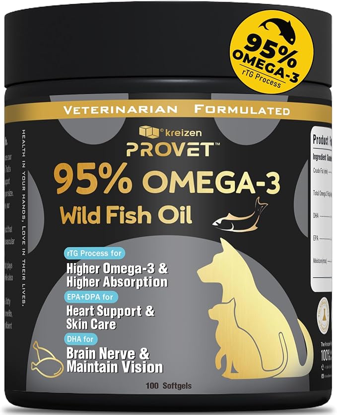 95% Omega 3 Fish Oil for Dogs & Cats, Vet-Formulated with RTG Processed Salmon Oil, Maximum EPA & DHA, Supports Heart, Skin, Coat, Joint，Heart & Immune Health, 100 Soft Gels PAWPICO