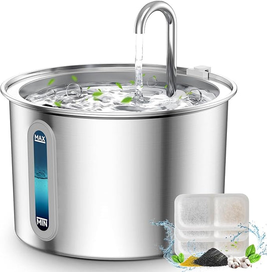 oneisall Stainless Steel Cat Water Fountain, 2L Water Fountains for Cats Indoor Dishwasher Safe with Quiet Pump and 3 Replacement Filters, Automatic Pet Water Fountain Faucet Spout Design - PAWPICO