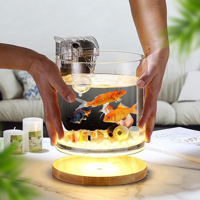 Aquarium Starter Kits 0.81-Gallon Fish Tank（6 inches） for Beginner Cylindrical Betta Fish Bowl with Wooden Base LED Light Water Pump Accessories Self-Cleaning Filter Copyright Patent PAWPICO