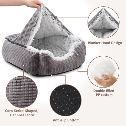 MIXJOY Dog Beds for Large Medium Small Dogs, Rectangle Cave Hooded Blanket Puppy Bed, Luxury Orthopedic Cat Beds for Indoor Cats, Warmth and Machine Washable (30 inches, Grey) - PAWPICO