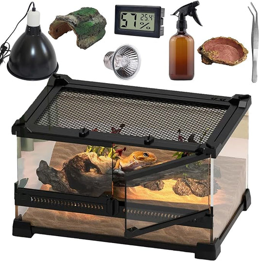 Reptile Glass Terrarium Kit (8 Pieces) 12 * 8 * 8 in,Double Door Amphibian Tank Starter Kit, Suitable for Small Reptiles Such as Geckos, Snakes, Lizards, Chameleons,Serpents SARUFO