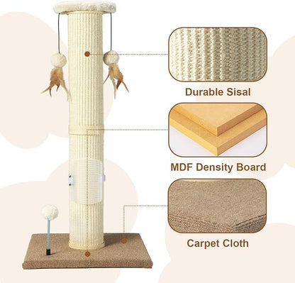 PAWSFANS Cat Scratching Post,34" Tall Large Sisal Woven Scratch Posts for Cats,with Hanging Ball Toy and Self-Massage Brush,Vertical Scratcher,5 Inches Diameter,Beige - PAWPICO
