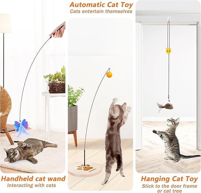 JXFUKAL Interactive cat Toy, Automatic Cat Wand Toy with Stable Wooden Base, 2 PCS Detachable Cat Teaser, 5PCS Refills Replacement & Hanging Cat Toy, Kitty Kitten Toys Cat Feather Spring String Toy - PAWPICO