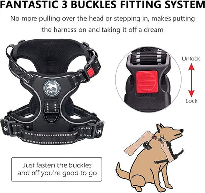 PoyPet No Pull Dog Harness, No Choke Front Lead Dog Reflective Harness, Adjustable Soft Padded Pet Vest with Easy Control Handle for Small to Large Dogs(Black,XS) PoyPet