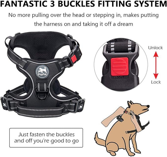 PoyPet No Pull Dog Harness, No Choke Front Clip Dog Reflective Harness, Adjustable Soft Padded Pet Vest with Easy Control Handle for Small to Large Dogs(Black,M) PoyPet