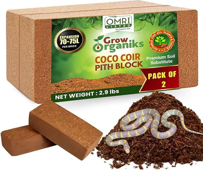 2 Pack Premium Coco Coir Brick for Plants | 100% Organic Compressed Coconut Coir Bricks Starting Mix, Coco Coir Fiber Coconut Husk for Planting, Gardening, Potting Soil Substrate, Herbs, 1.4 LB/Brick Grow+Organiks